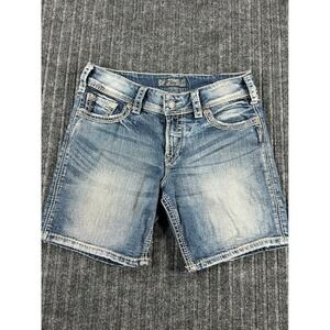 Y2K SILVER JEANS Suki Surplus Shorts Women 28 Blue Denim Distressed Mid Rise Zip